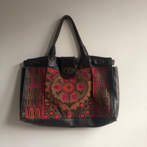 Vintage Fossil Embroidered Leather Weekender